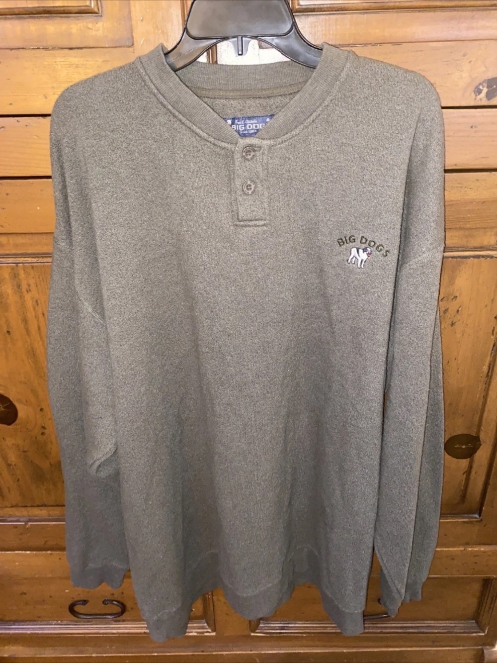 Mens Big Dogs Pullover Henley Sweater-2XL- Embroidered Logo-Warm-Heathered Olive